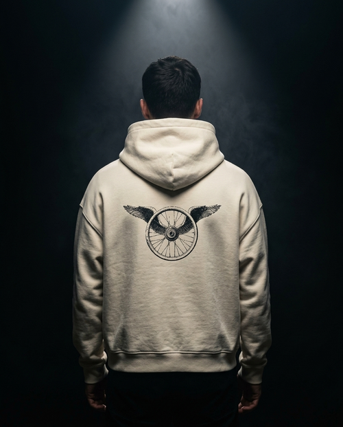 Winged Wheel box hoodie — on-model back print, The Racing Society