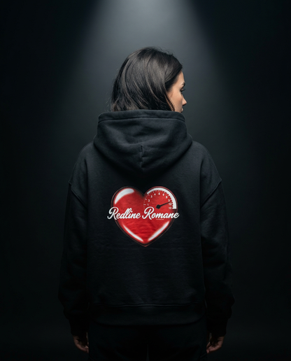 Redline Romance box hoodie — on-model back print, The Racing Society