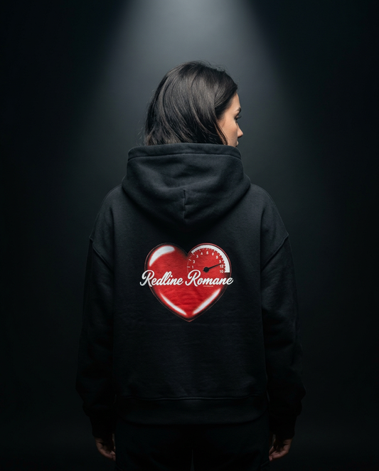 Redline Romance box hoodie — on-model back print, The Racing Society