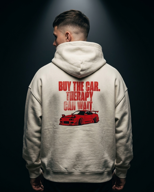 Buy The Car. Therapy Can Wait. box hoodie — on-model back print, The Racing Society