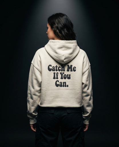Catch Me If You Can box hoodie — on-model back print, The Racing Society