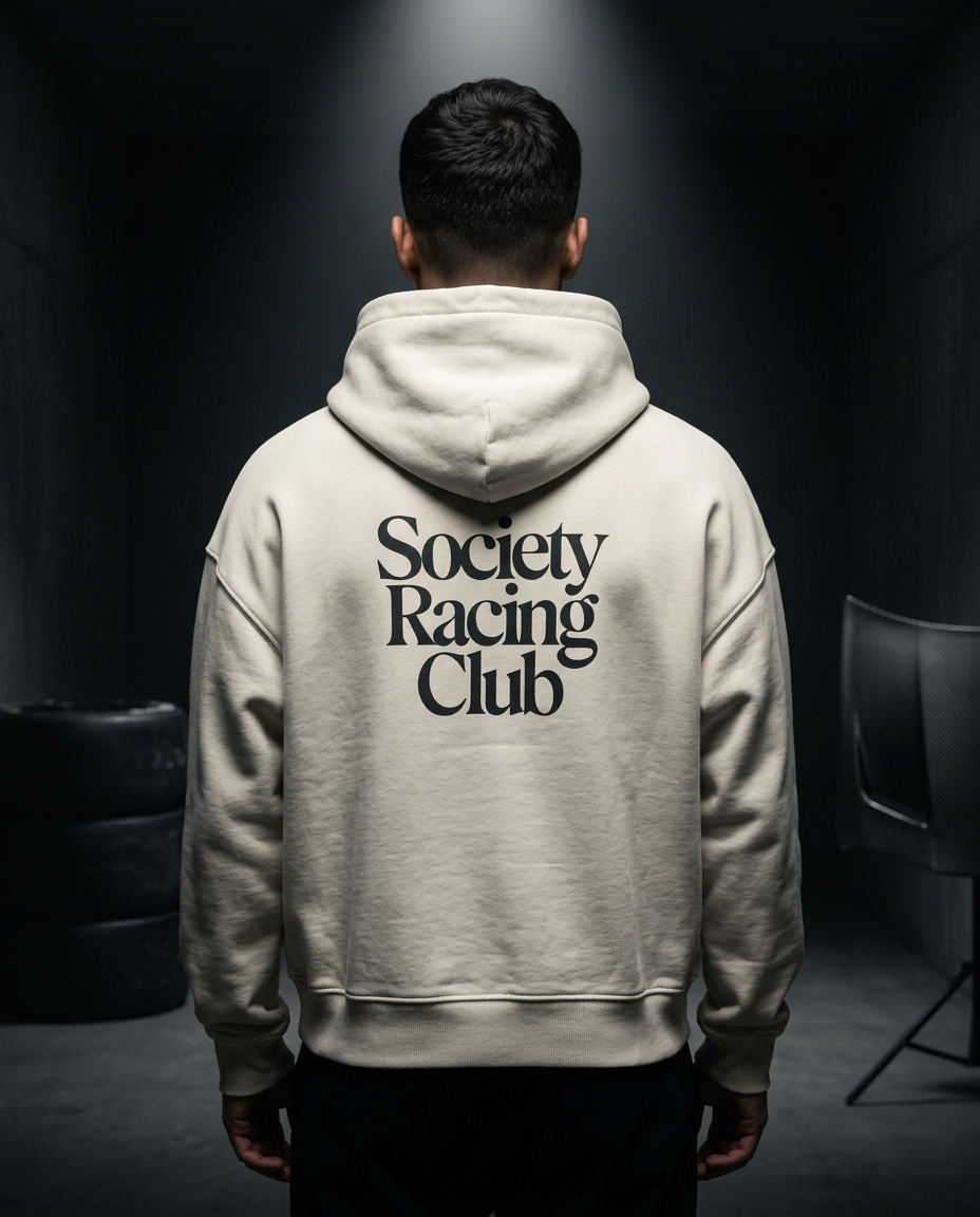 Society Racing Club box hoodie — on-model back print, The Racing Society