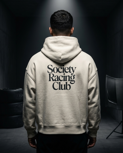 Society Racing Club box hoodie — on-model back print, The Racing Society