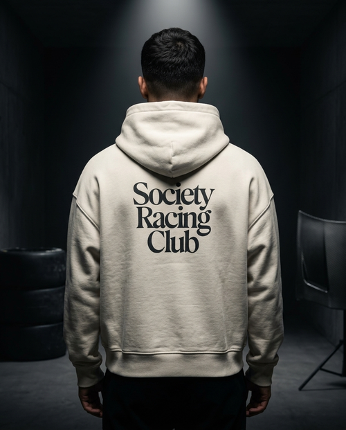 Society Racing Club box hoodie — on-model back print, The Racing Society