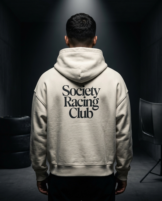 Society Racing Club box hoodie — on-model back print, The Racing Society