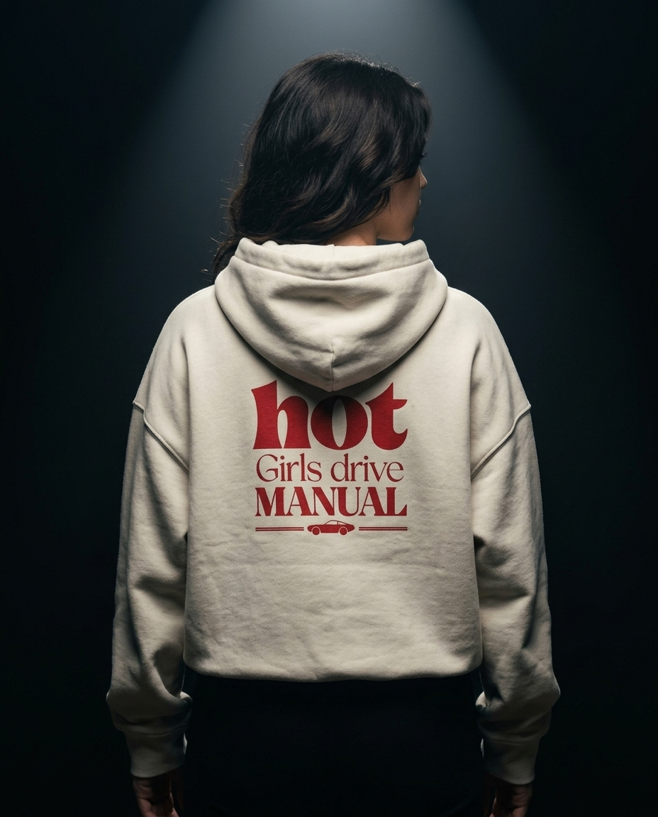 Hot Girls Drive Manual box hoodie — on-model back print, The Racing Society