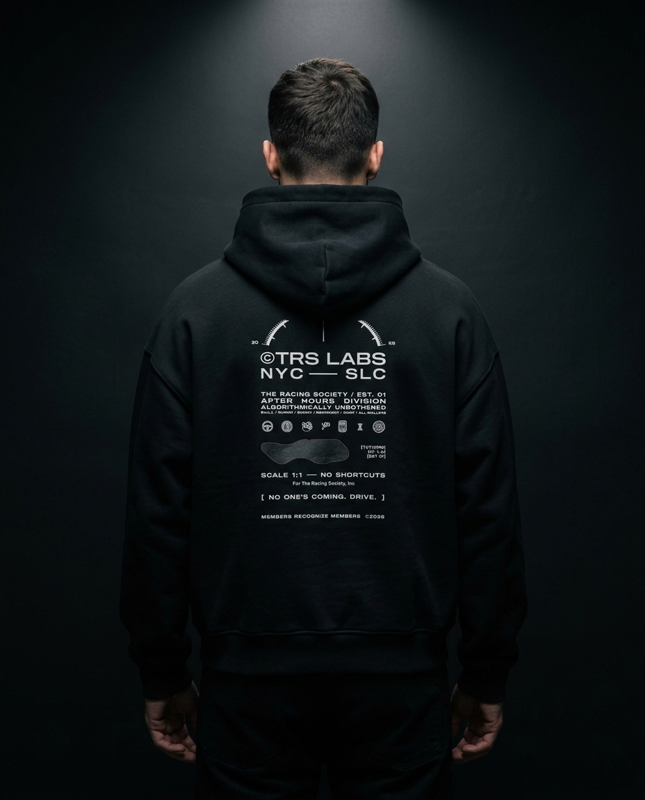No One's Coming. Drive. box hoodie — on-model back print, The Racing Society