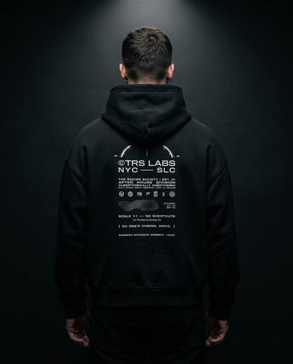 No One's Coming. Drive. box hoodie — on-model back print, The Racing Society
