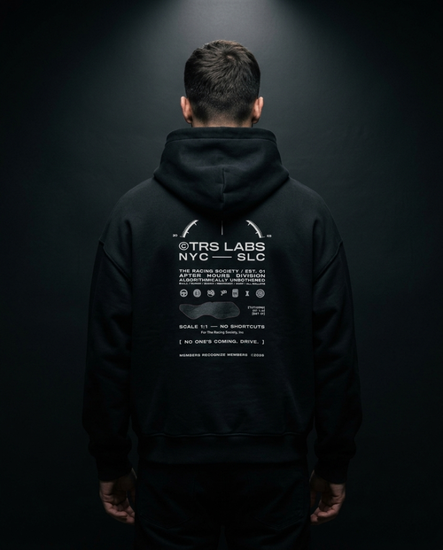 No One's Coming. Drive. box hoodie — on-model back print, The Racing Society