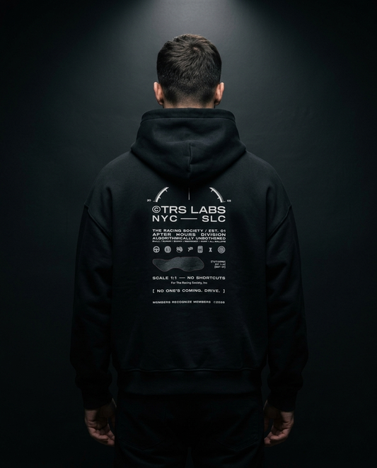 No One's Coming. Drive. box hoodie — on-model back print, The Racing Society