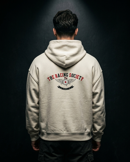 Racing Society Crest box hoodie — on-model back print, The Racing Society
