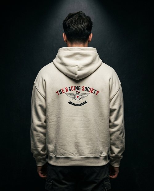 Racing Society Crest box hoodie — on-model back print, The Racing Society