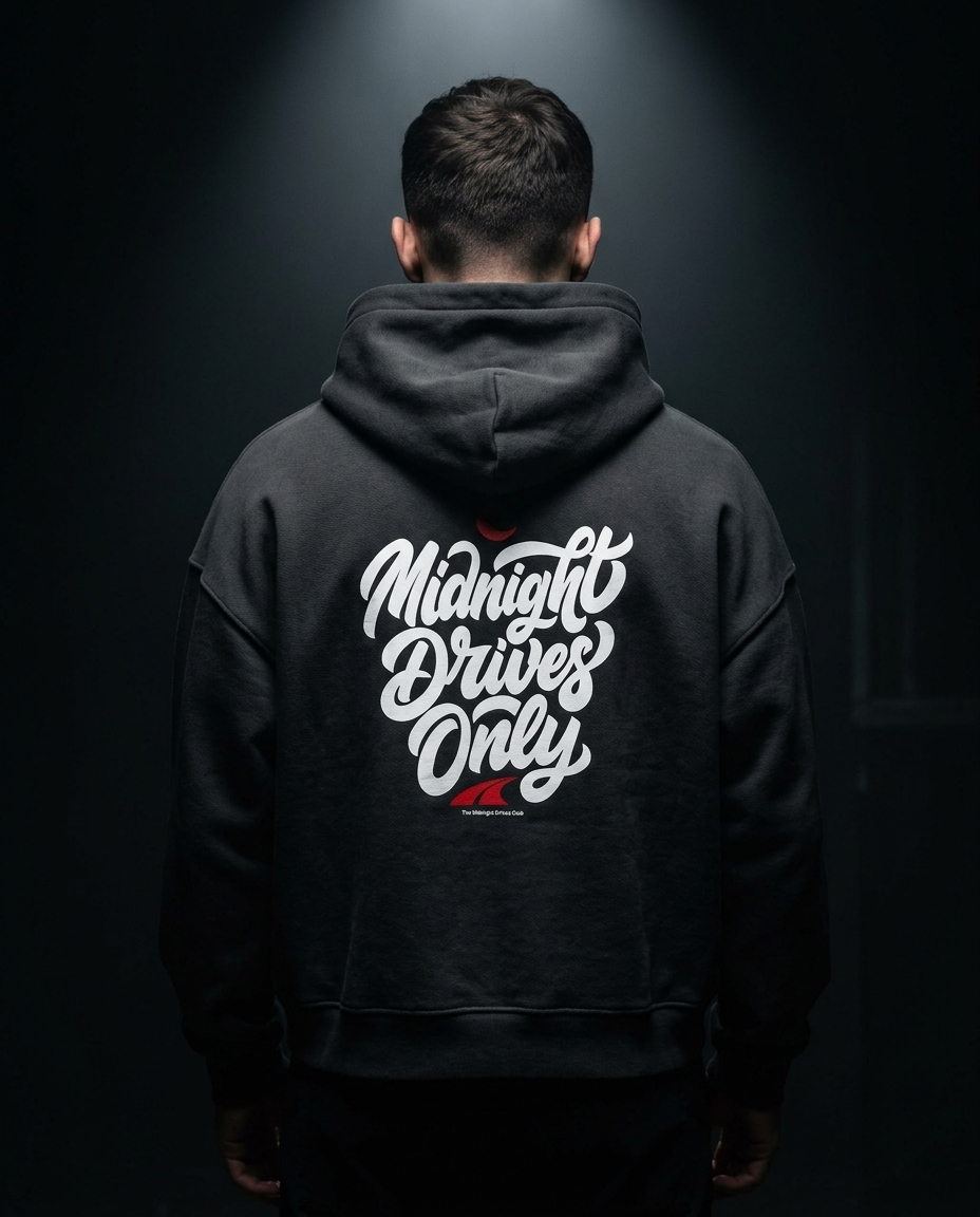 Midnight Drives Only box hoodie — on-model back print, The Racing Society