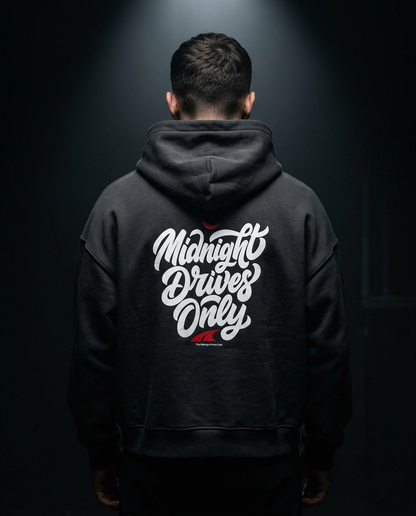 Midnight Drives Only box hoodie — on-model back print, The Racing Society
