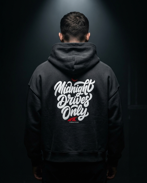 Midnight Drives Only box hoodie — on-model back print, The Racing Society