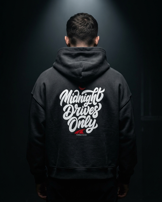 Midnight Drives Only box hoodie — on-model back print, The Racing Society