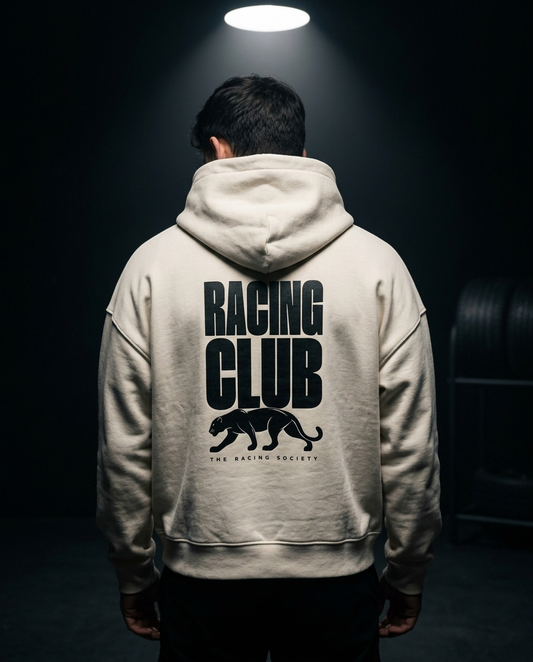 Midnight Racing Club box hoodie — on-model back print, The Racing Society