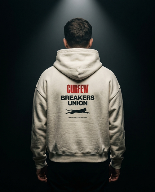 Curfew Breakers Union box hoodie — on-model back print, The Racing Society