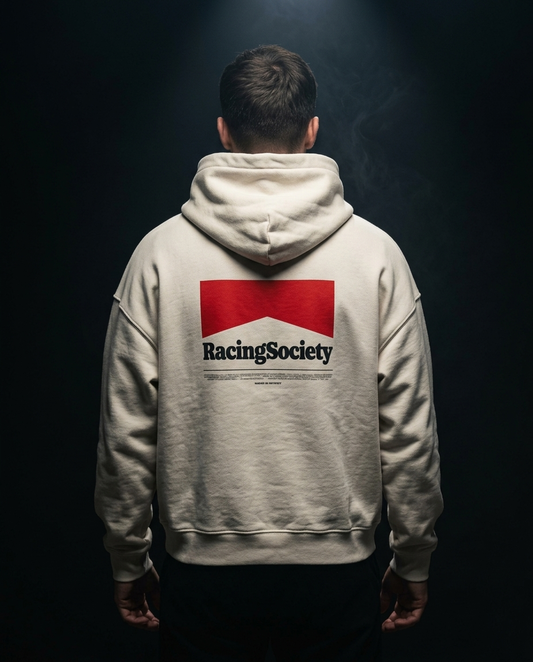 Racing Society Box Logo box hoodie — on-model back print, The Racing Society