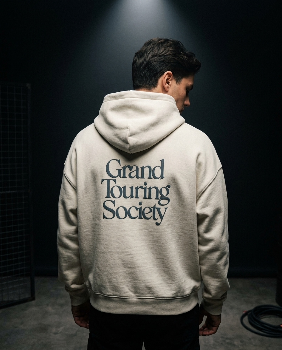 Grand Touring Society box hoodie — on-model back print, The Racing Society