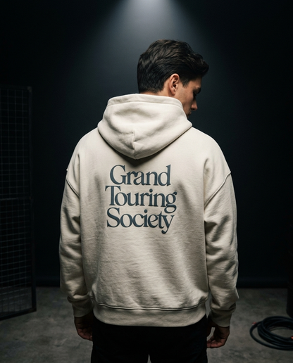Grand Touring Society box hoodie — on-model back print, The Racing Society