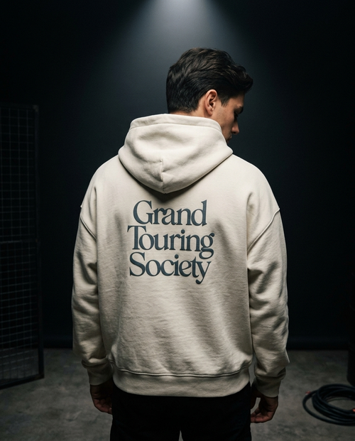 Grand Touring Society box hoodie — on-model back print, The Racing Society