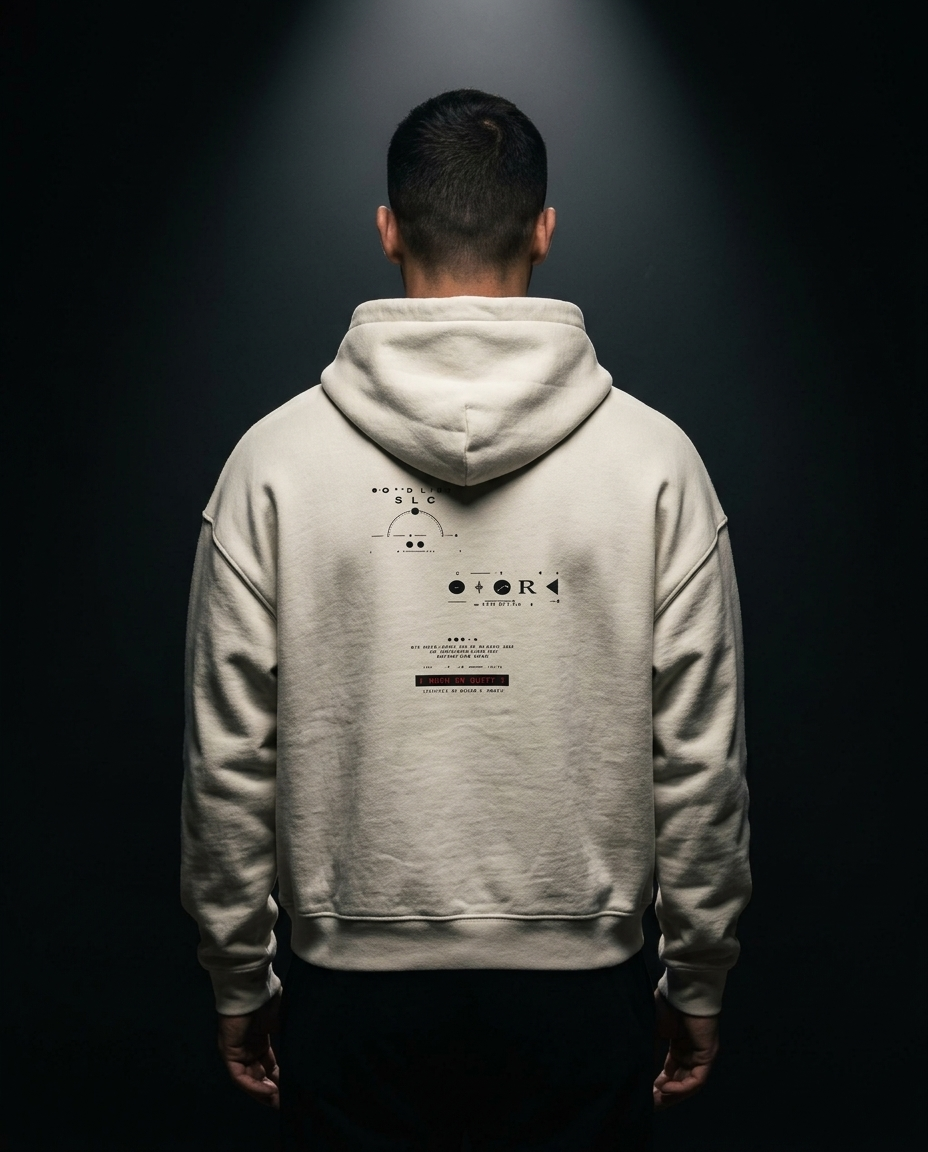 Rich Is Quiet box hoodie — on-model back print, The Racing Society