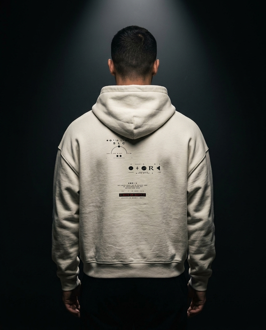 Rich Is Quiet box hoodie — on-model back print, The Racing Society