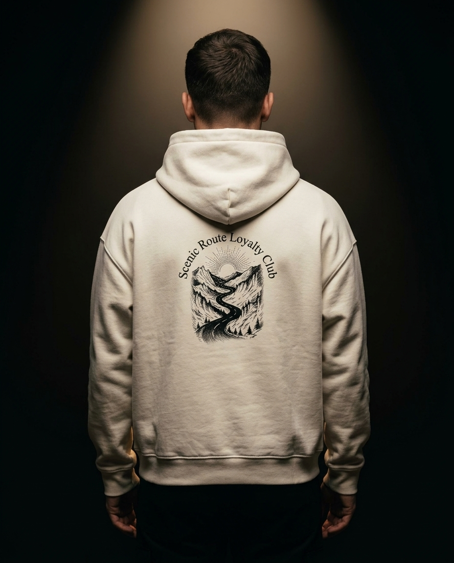 Scenic Route Loyalty Club box hoodie — on-model back print, The Racing Society