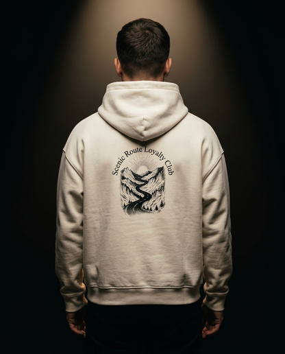 Scenic Route Loyalty Club box hoodie — on-model back print, The Racing Society
