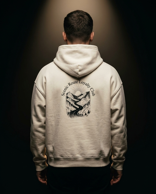Scenic Route Loyalty Club box hoodie — on-model back print, The Racing Society