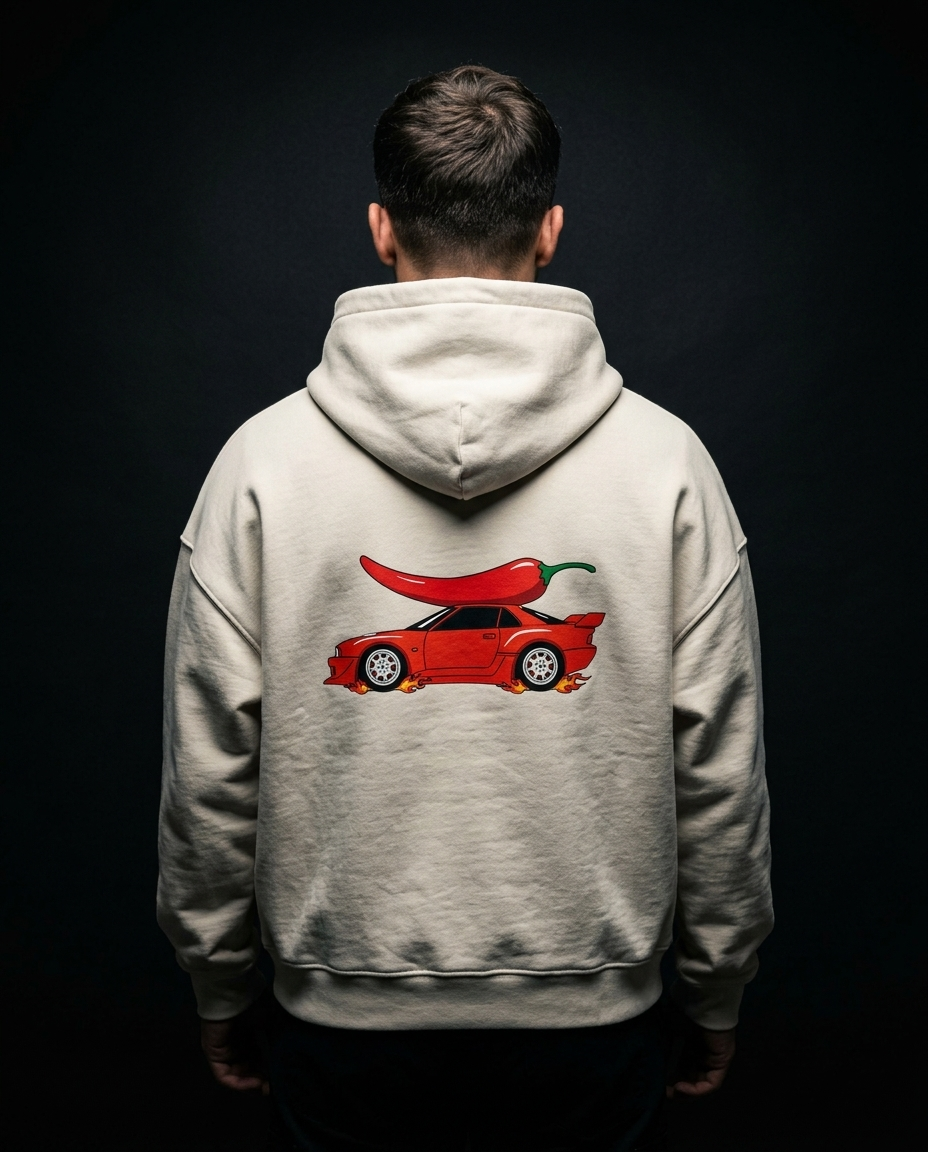 Too Hot To Handle box hoodie — on-model back print, The Racing Society