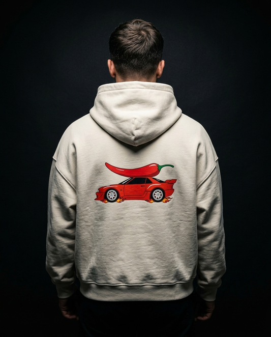 Too Hot To Handle box hoodie — on-model back print, The Racing Society