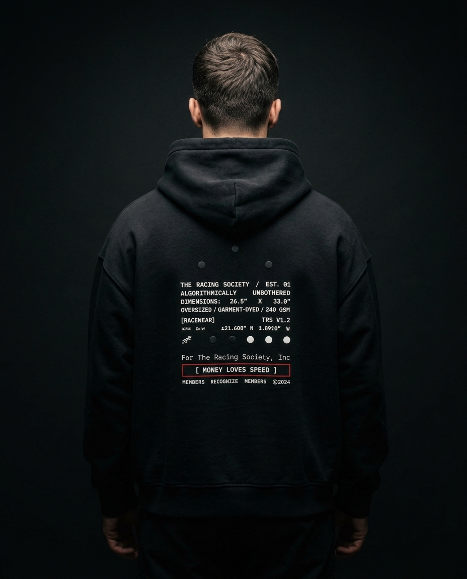 Money Loves Speed box hoodie — on-model back print, The Racing Society