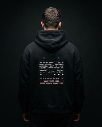 Money Loves Speed box hoodie — on-model back print, The Racing Society
