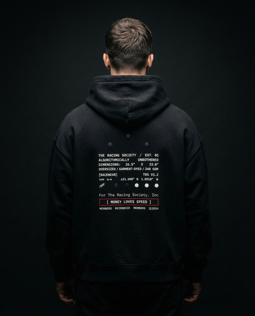 Money Loves Speed box hoodie — on-model back print, The Racing Society