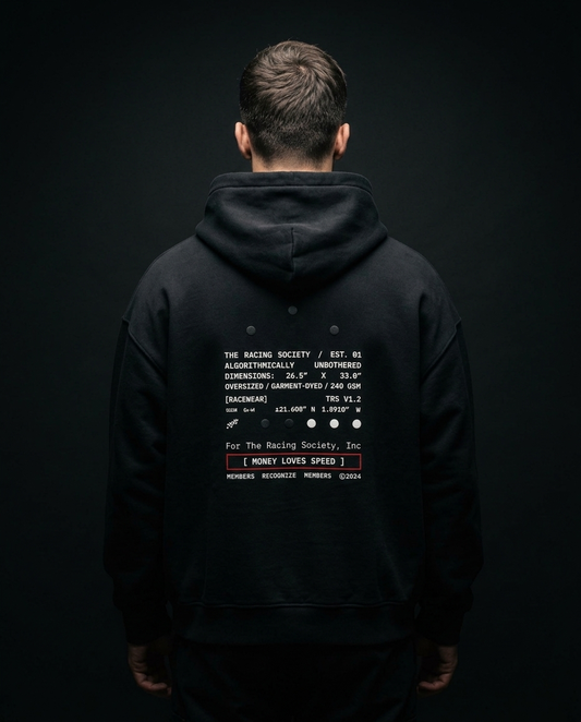 Money Loves Speed box hoodie — on-model back print, The Racing Society