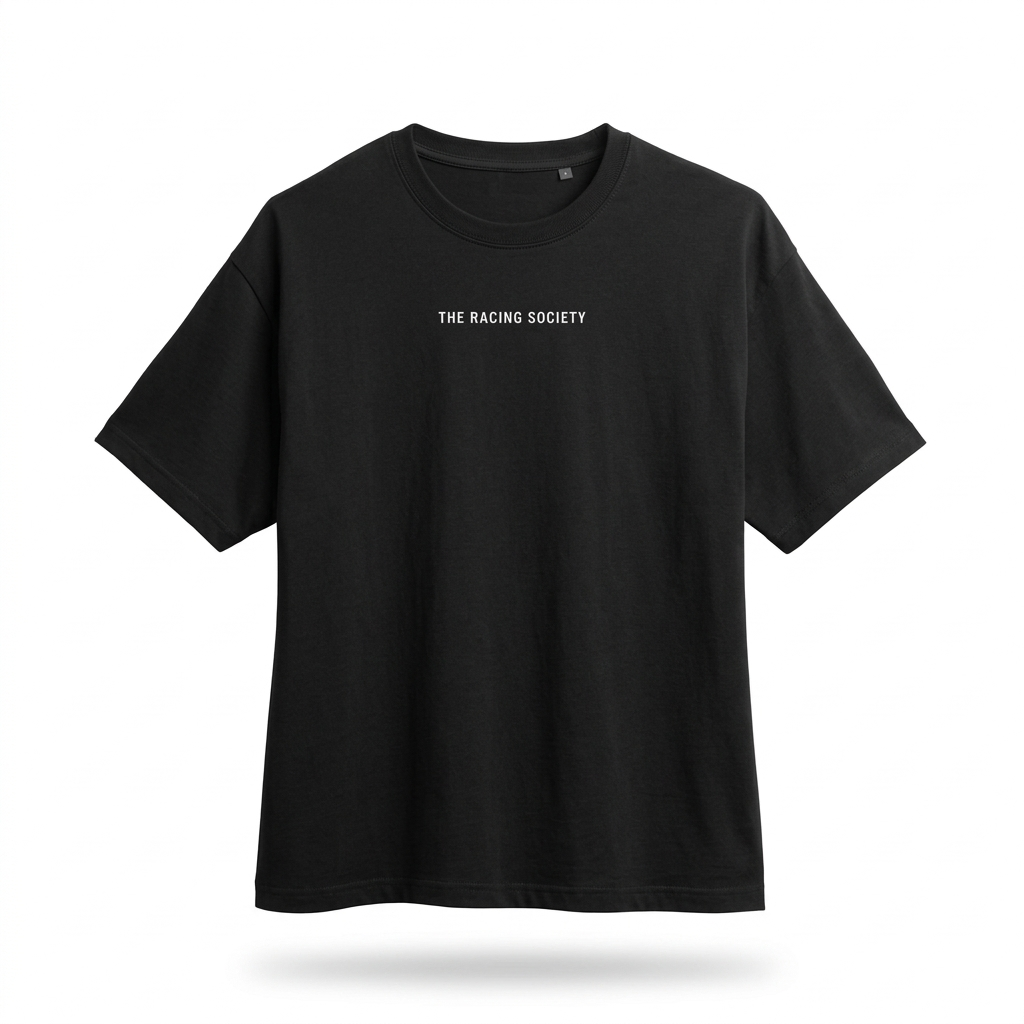 Roses & Redline oversized boxy tee — front view, Black, The Racing Society
