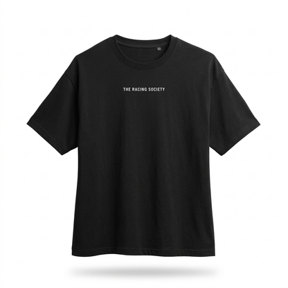 Roses & Redline oversized boxy tee — front view, Black, The Racing Society