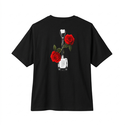 Roses & Redline oversized boxy tee — back view, Black, The Racing Society