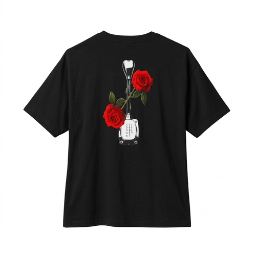 Roses & Redline oversized boxy tee — back view, Black, The Racing Society