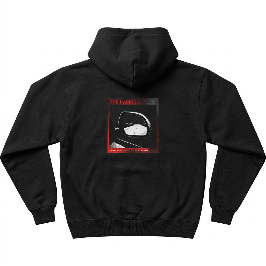 Objects In Mirror box hoodie — back view, Black, The Racing Society