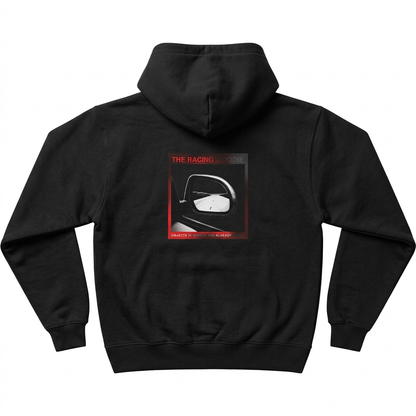Objects In Mirror box hoodie — back view, Black, The Racing Society