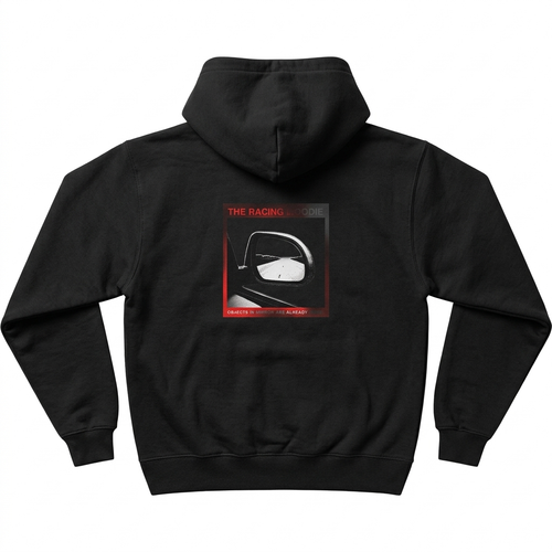 Objects In Mirror box hoodie — back view, Black, The Racing Society
