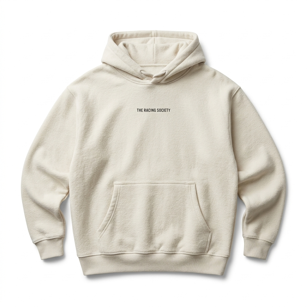 Midnight Racing Club box hoodie — front view, Bone, The Racing Society