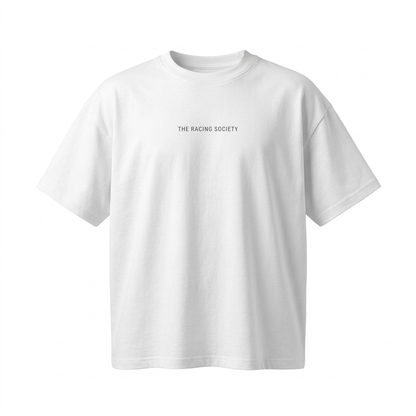 Built After Midnight oversized boxy tee — front view, White, The Racing Society