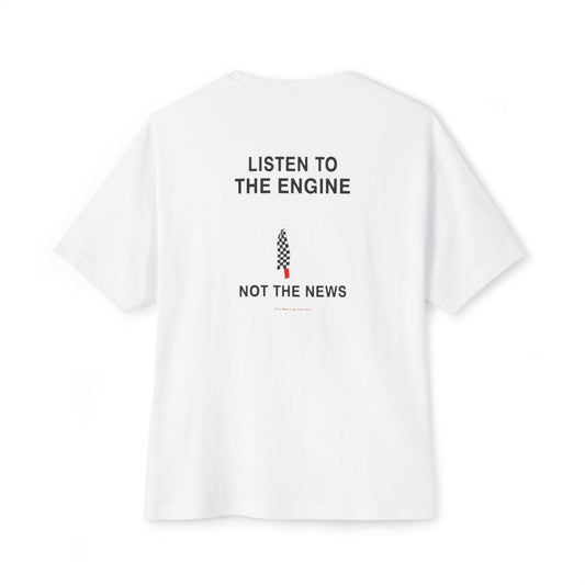 Listen To The Engine oversized boxy tee — back print, White