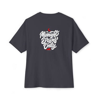 Midnight Drives Only oversized boxy tee — back print, Dark Grey