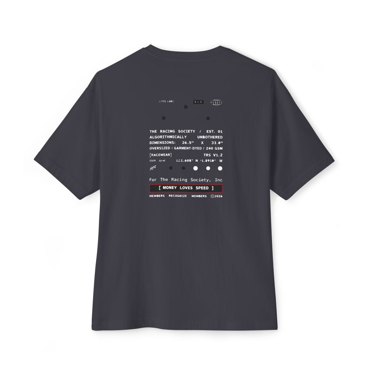 Money Loves Speed oversized boxy tee — back print, Dark Grey