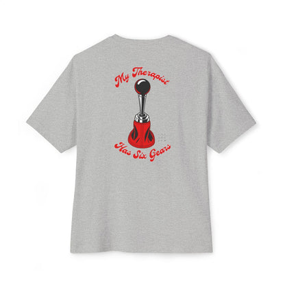 My Therapist Has Six Gears oversized boxy tee — back print, Athletic Heather